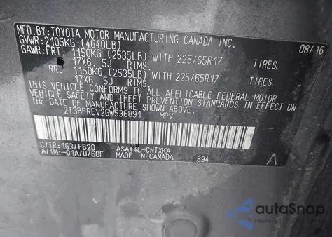 2016 Toyota Rav4 Le z USA, uszkodzony, nr VIN 2T3BFREV2GW536891